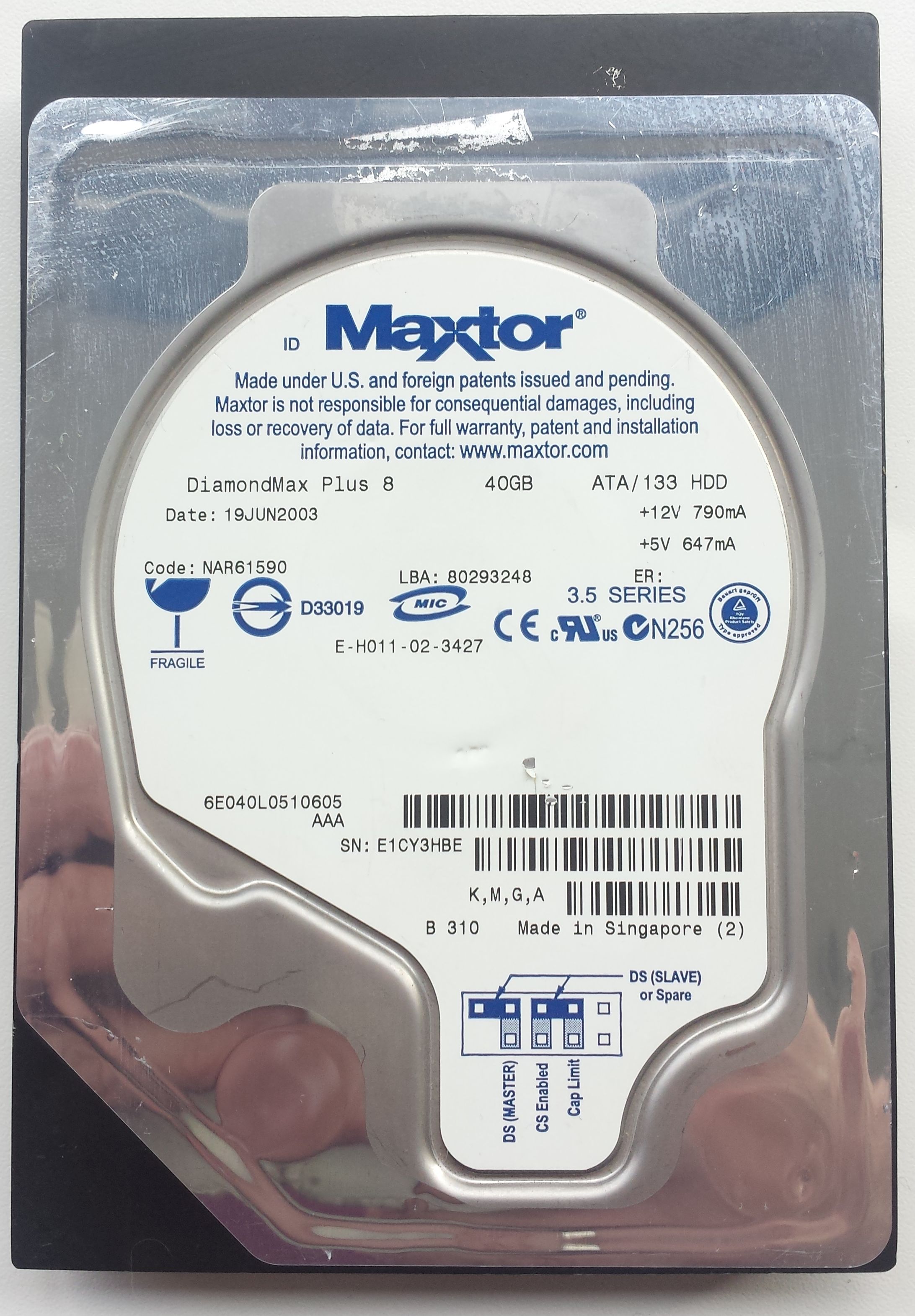 HDD PATA/133 3.5" 40GB / Maxtor DiamondMax Plus 8 (6E040L05)